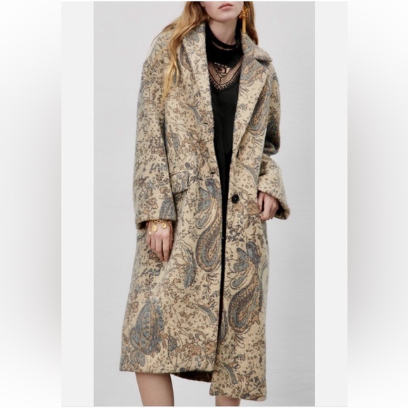 ZARA Long Wool Floral Coat Jacket Cosmic Astrology Zodiac Rose Garden - Picture 2 of 11